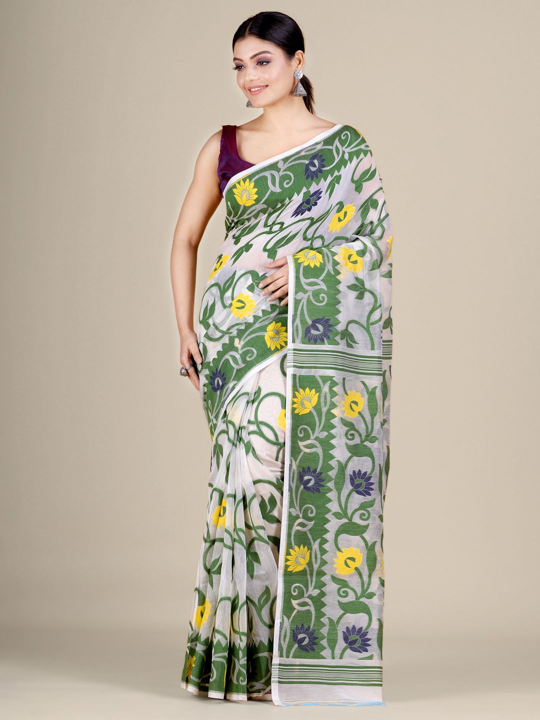 White and Green silk Cotton hand woven soft Jamdani saree