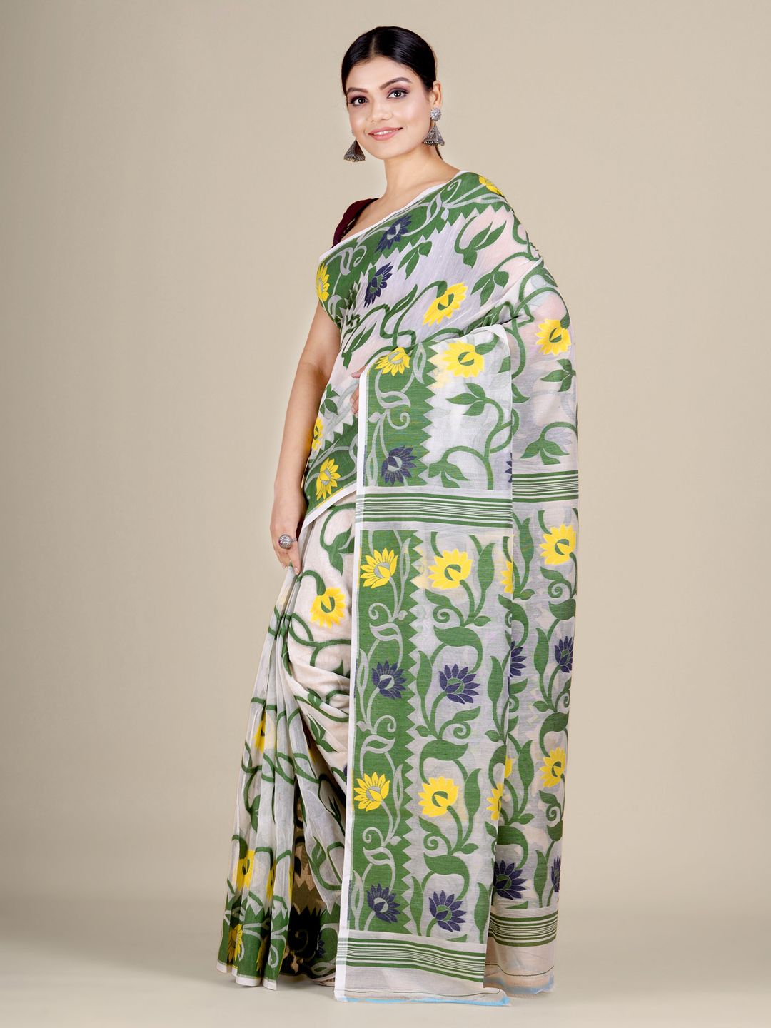 White and Green silk Cotton hand woven soft Jamdani saree