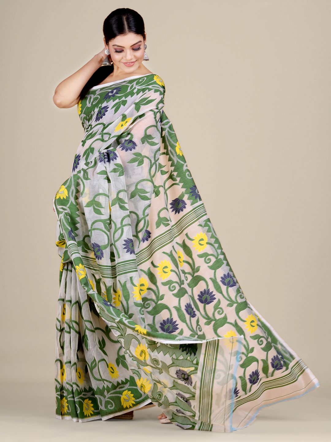 White and Green silk Cotton hand woven soft Jamdani saree