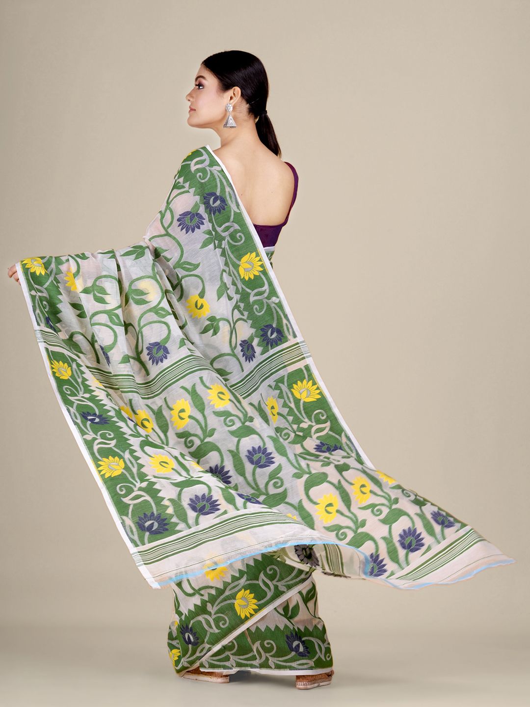 White and Green silk Cotton hand woven soft Jamdani saree