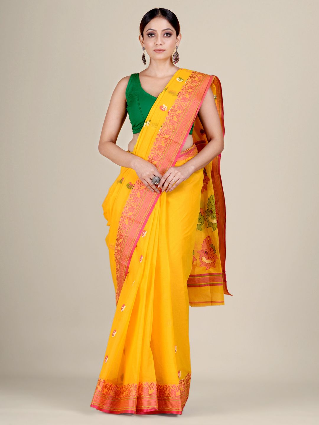 Yellow pure Cotton hand woven  saree with Red border