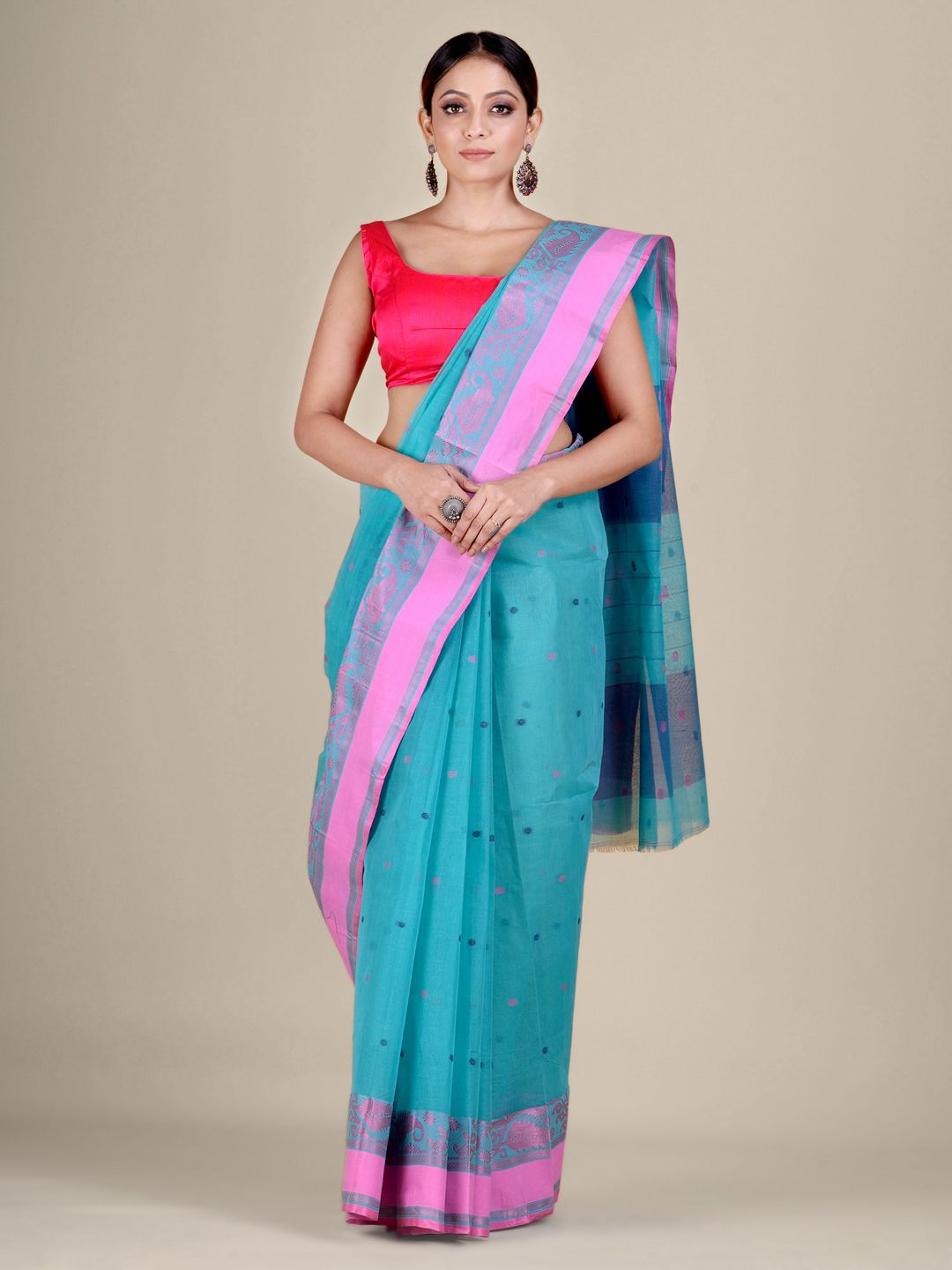 Sky Blue Cotton hand woven Tant saree with Pink border