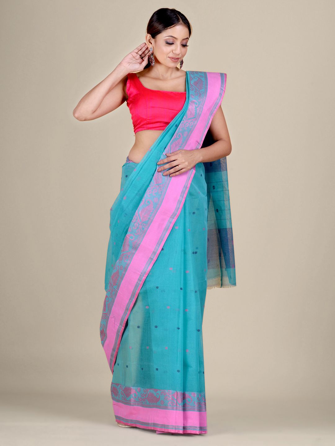 Sky Blue Cotton hand woven Tant saree with Pink border