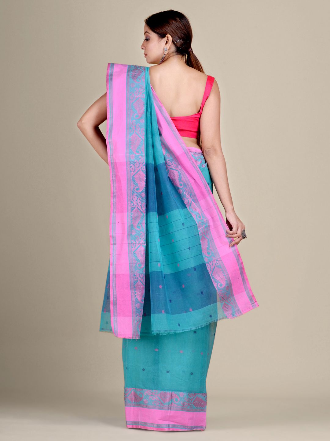 Sky Blue Cotton hand woven Tant saree with Pink border