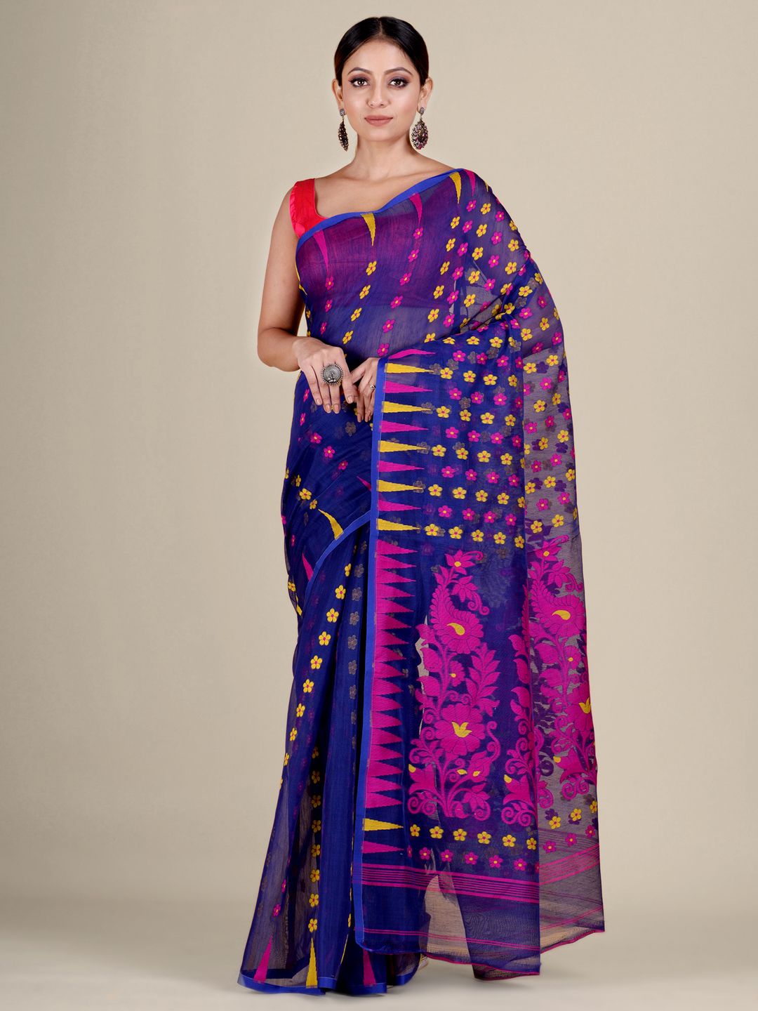 Blue and Multicolor Silk Cotton handwoven soft Jamdani saree