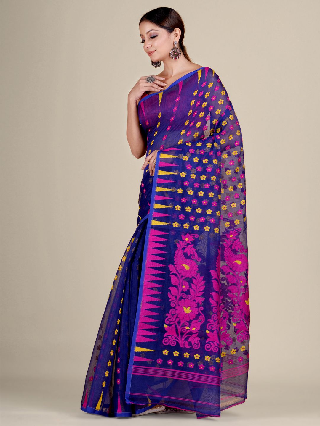 Blue and Multicolor Silk Cotton handwoven soft Jamdani saree