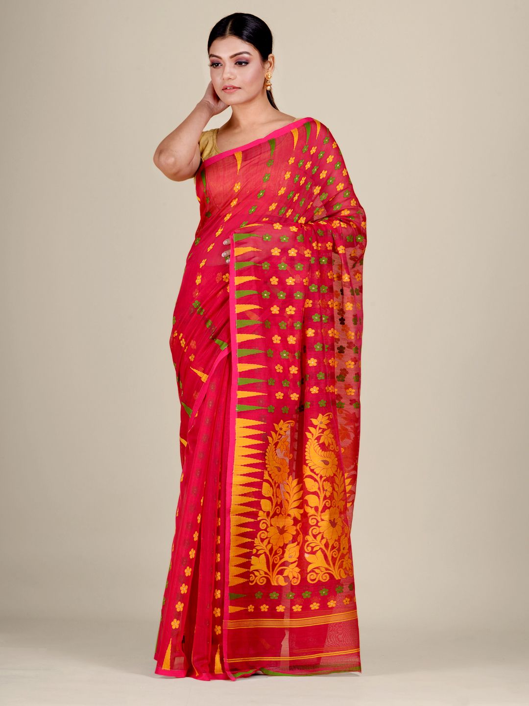 Red and Multicolor Silk Cotton handwoven soft Jamdani saree