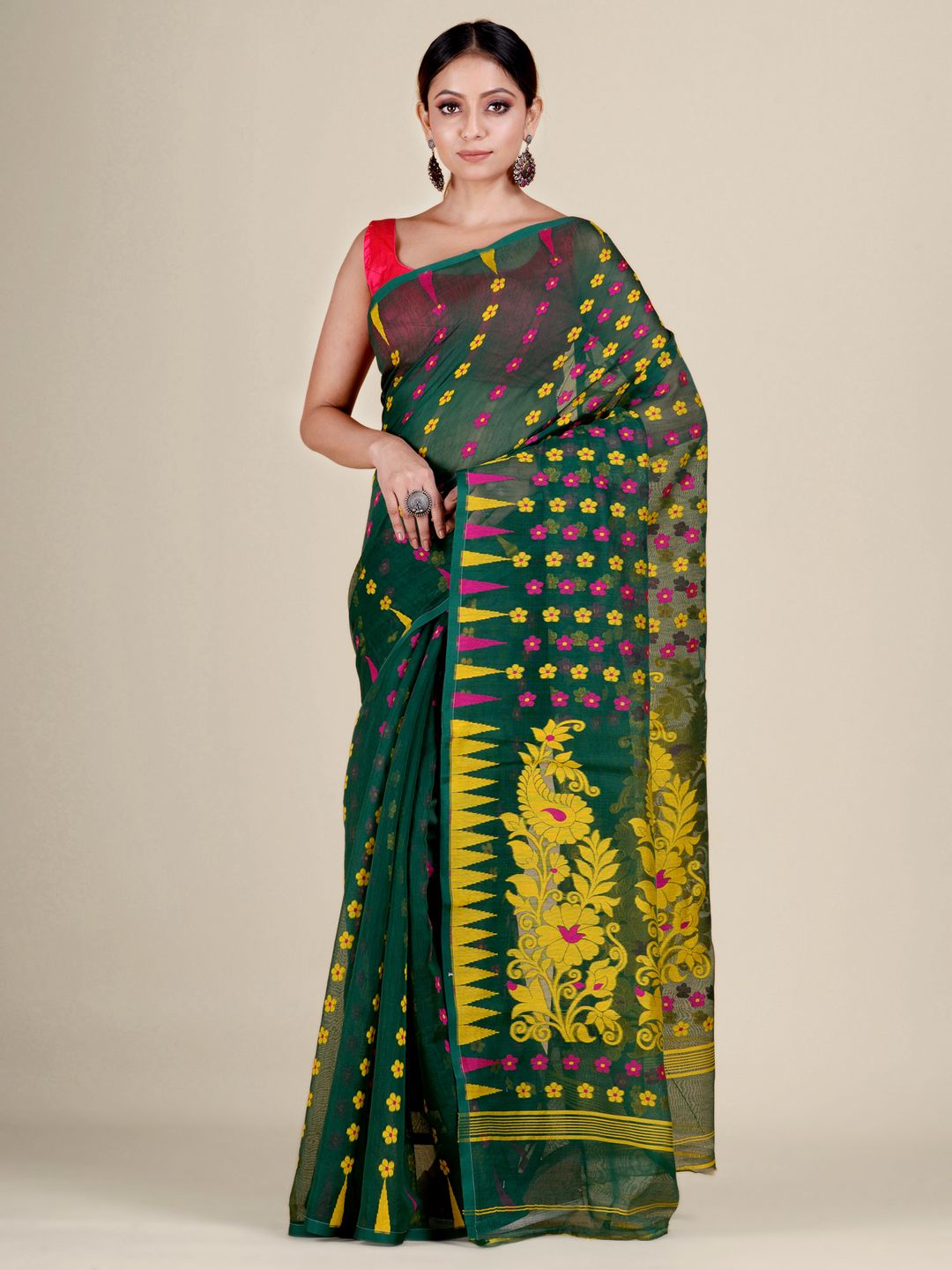 Green and Multicolor Silk Cotton handwoven soft Jamdani saree