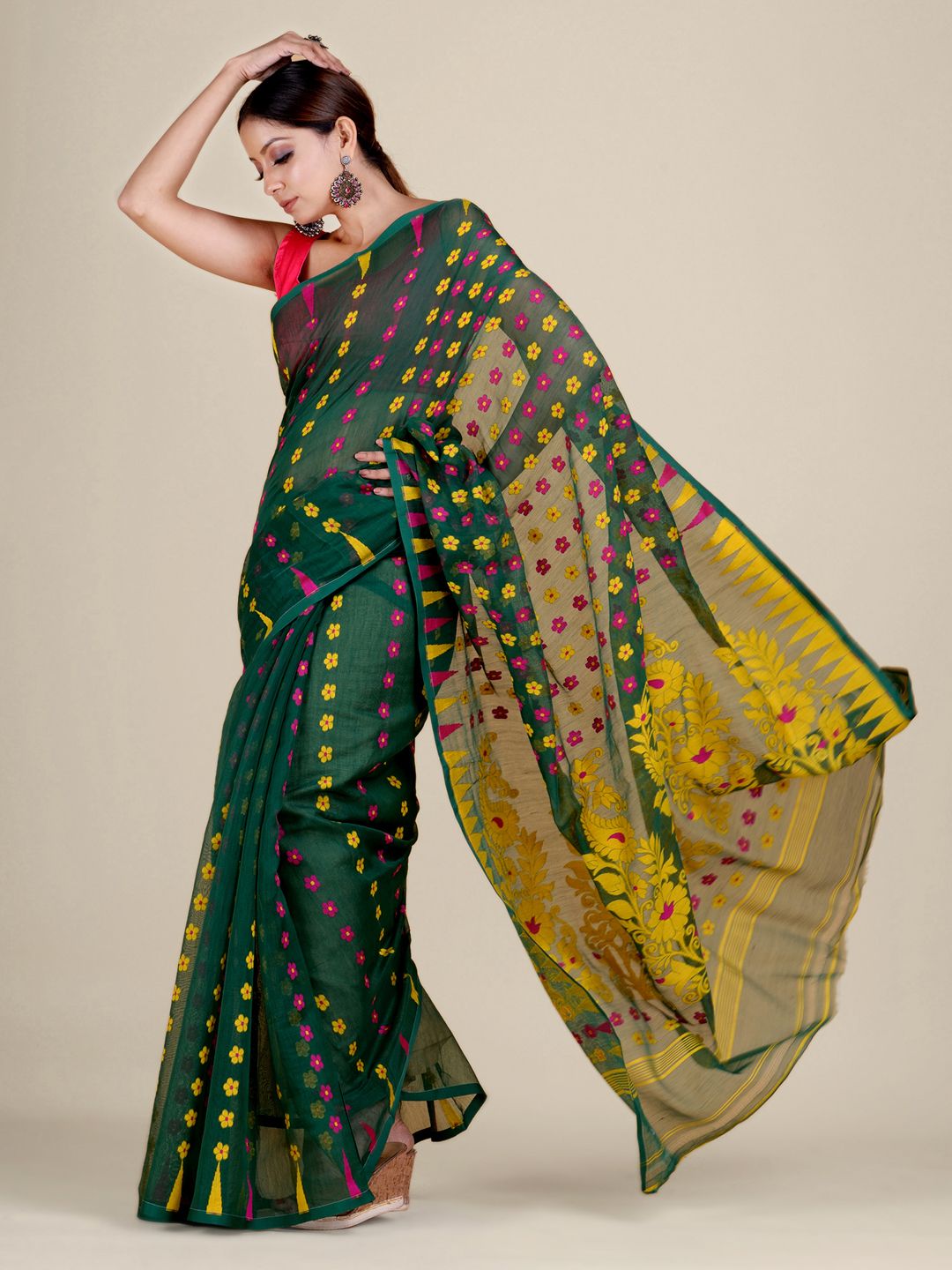 Green and Multicolor Silk Cotton handwoven soft Jamdani saree