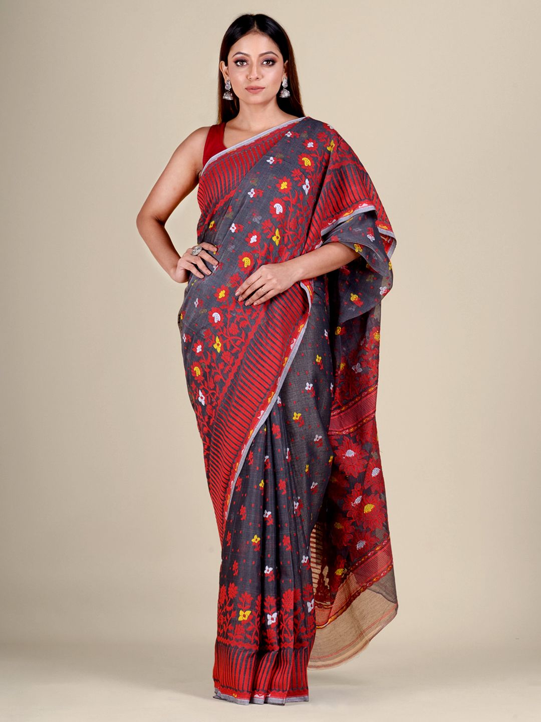 Grey and Multicolor Silk Cotton handwoven soft Jamdani saree