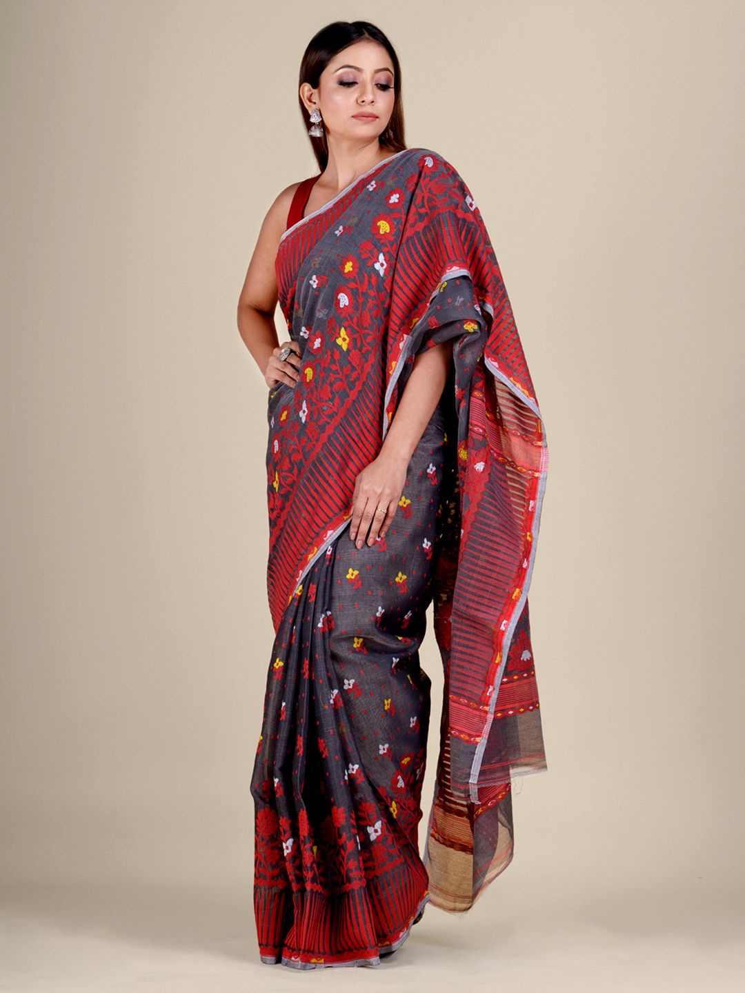 Grey and Multicolor Silk Cotton handwoven soft Jamdani saree