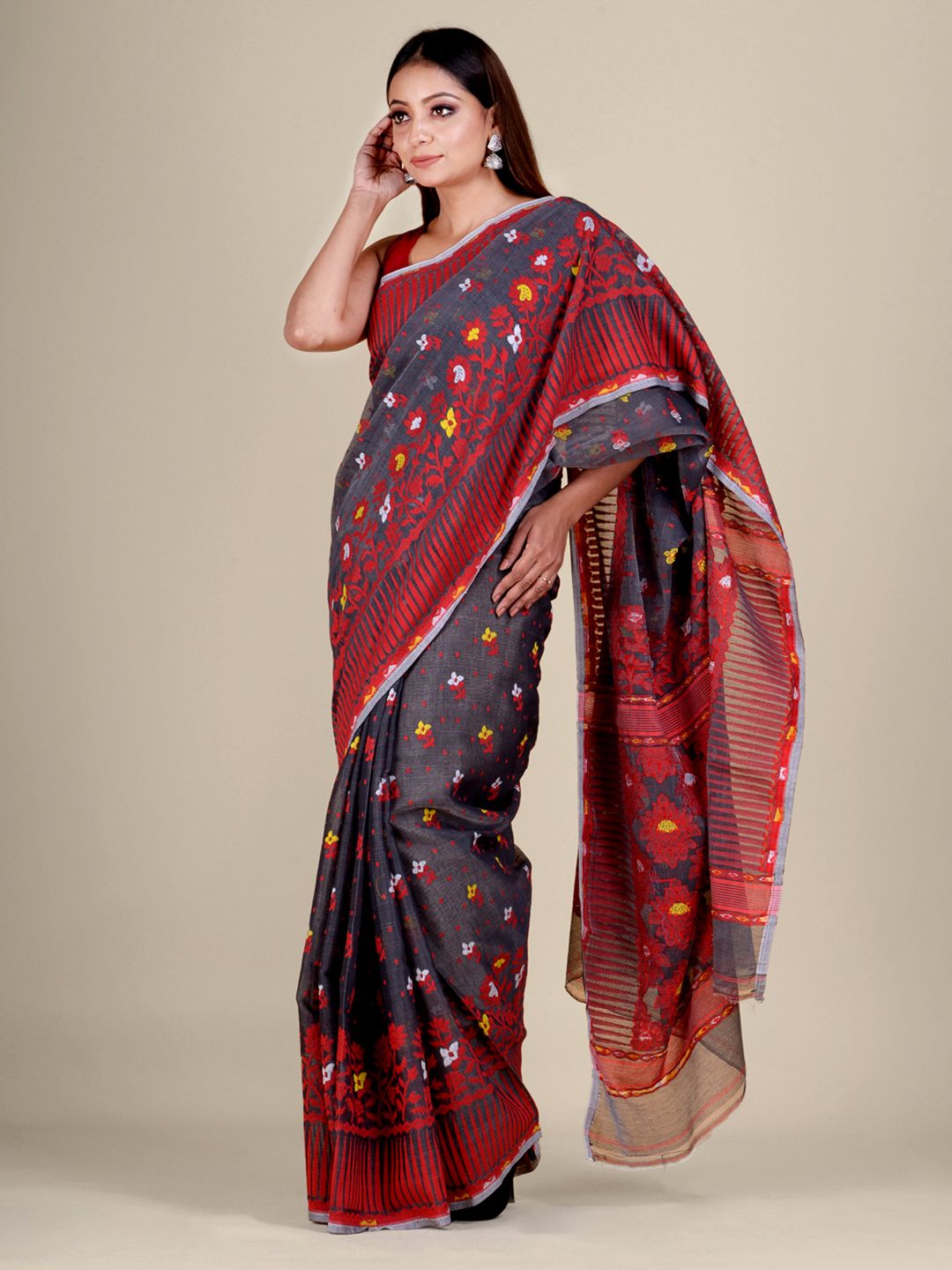 Grey and Multicolor Silk Cotton handwoven soft Jamdani saree