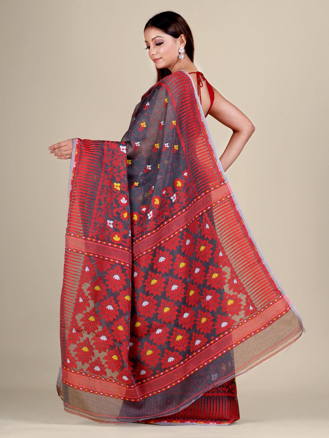 Grey and Multicolor Silk Cotton handwoven soft Jamdani saree