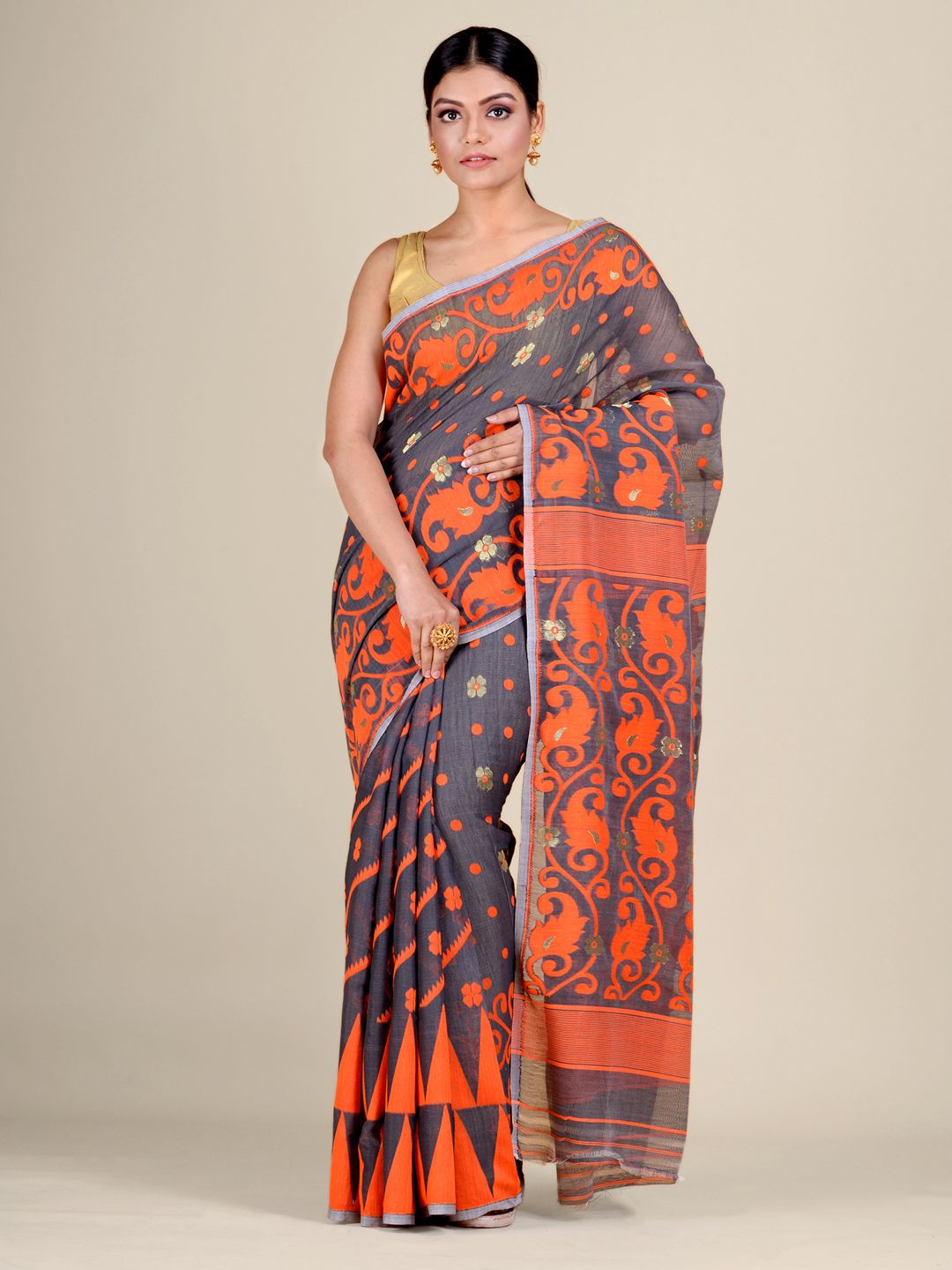 Grey and Orange Silk Cotton handwoven soft Jamdani saree