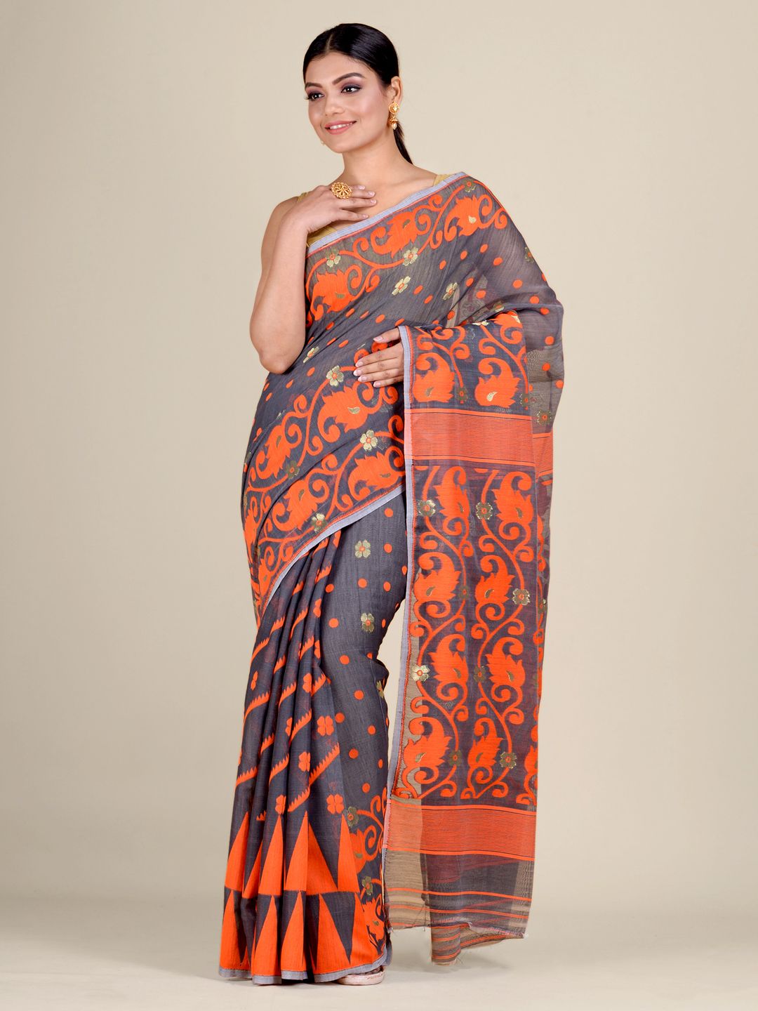 Grey and Orange Silk Cotton handwoven soft Jamdani saree