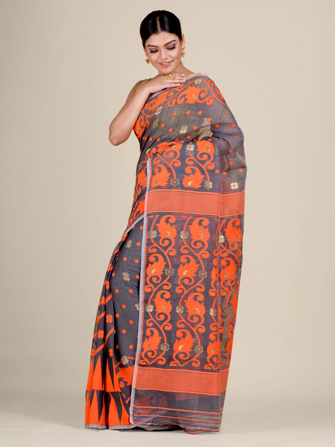 Grey and Orange Silk Cotton handwoven soft Jamdani saree