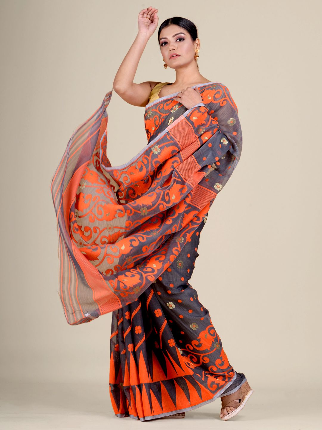 Grey and Orange Silk Cotton handwoven soft Jamdani saree