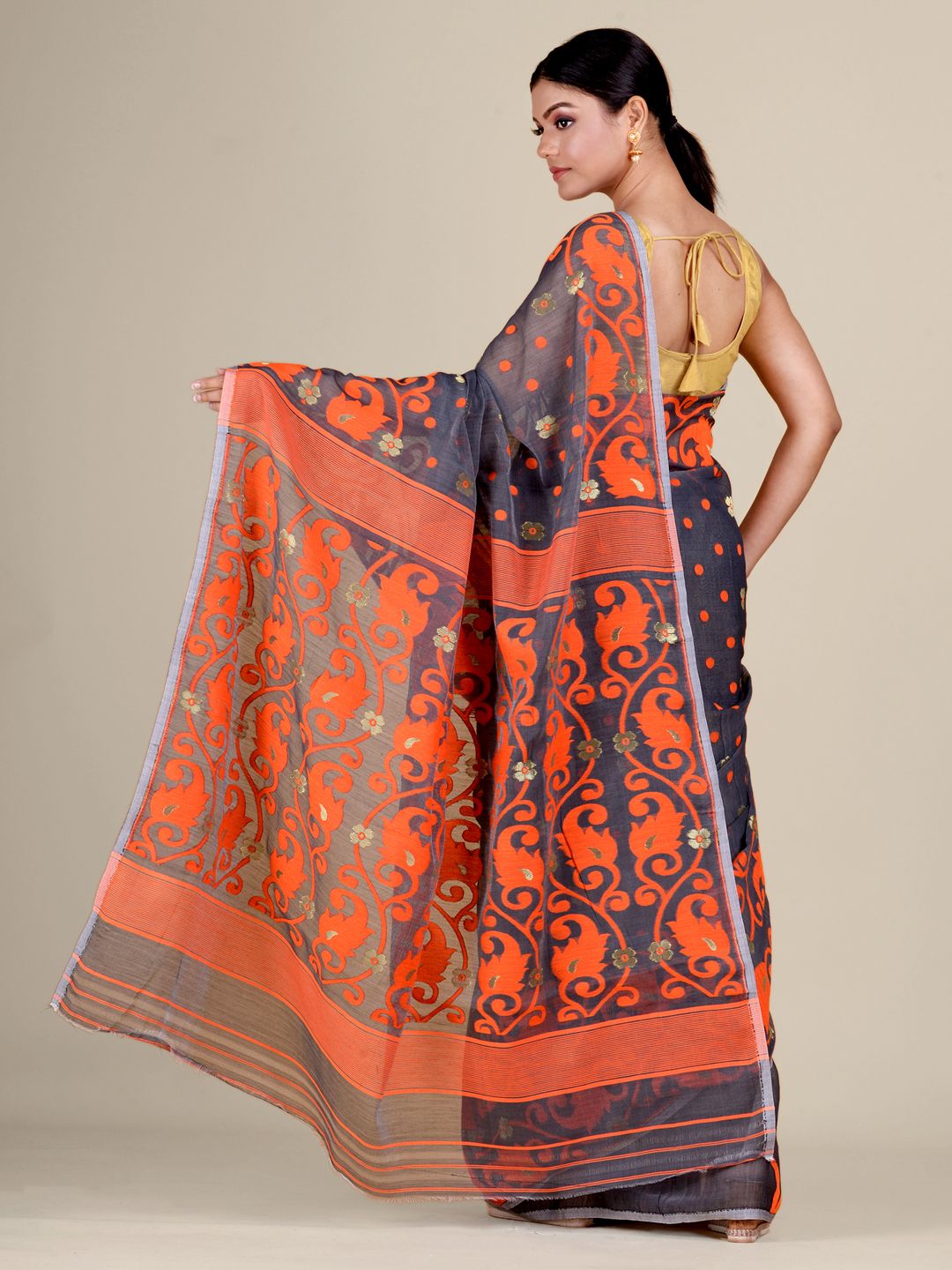 Grey and Orange Silk Cotton handwoven soft Jamdani saree