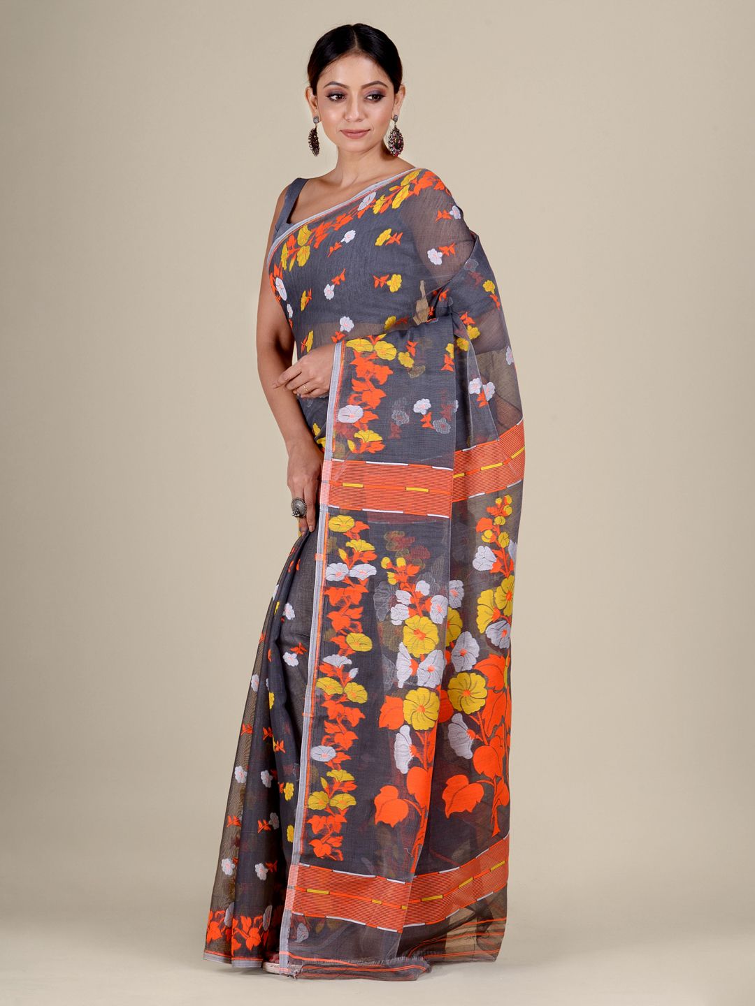 Grey and Orange Silk Cotton handwoven soft Jamdani saree