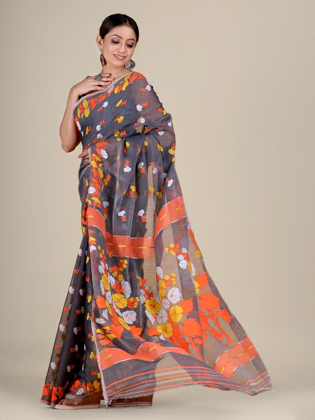 Grey and Orange Silk Cotton handwoven soft Jamdani saree