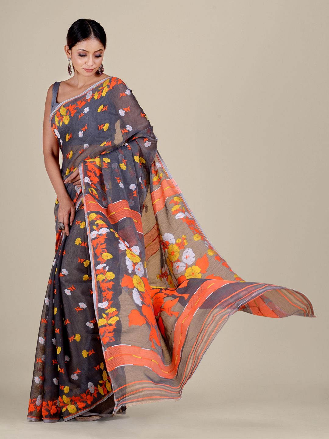 Grey and Orange Silk Cotton handwoven soft Jamdani saree