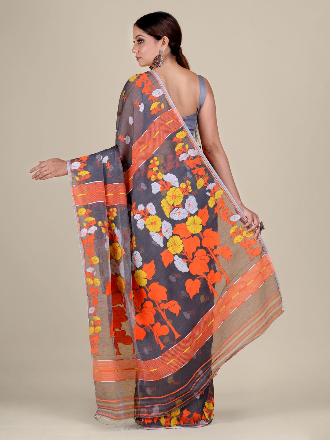 Grey and Orange Silk Cotton handwoven soft Jamdani saree