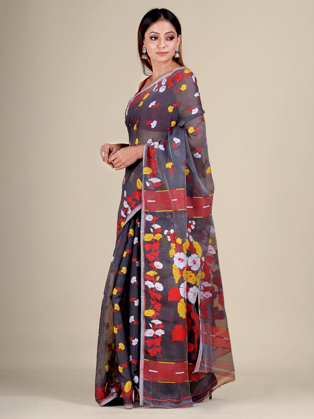 Grey and Red Silk Cotton handwoven soft Jamdani saree