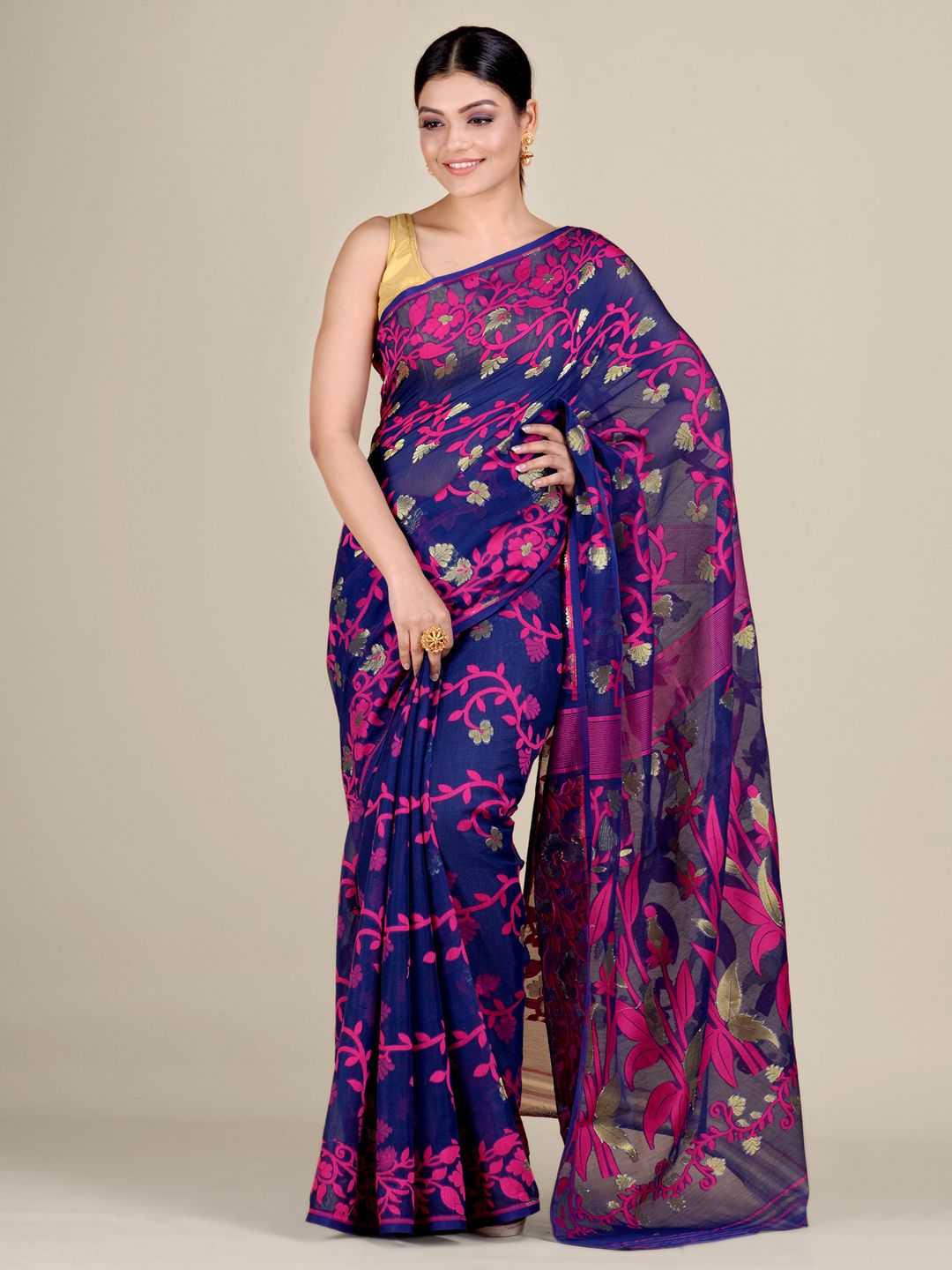 Blue and Magenta Silk Cotton handwoven soft Jamdani saree