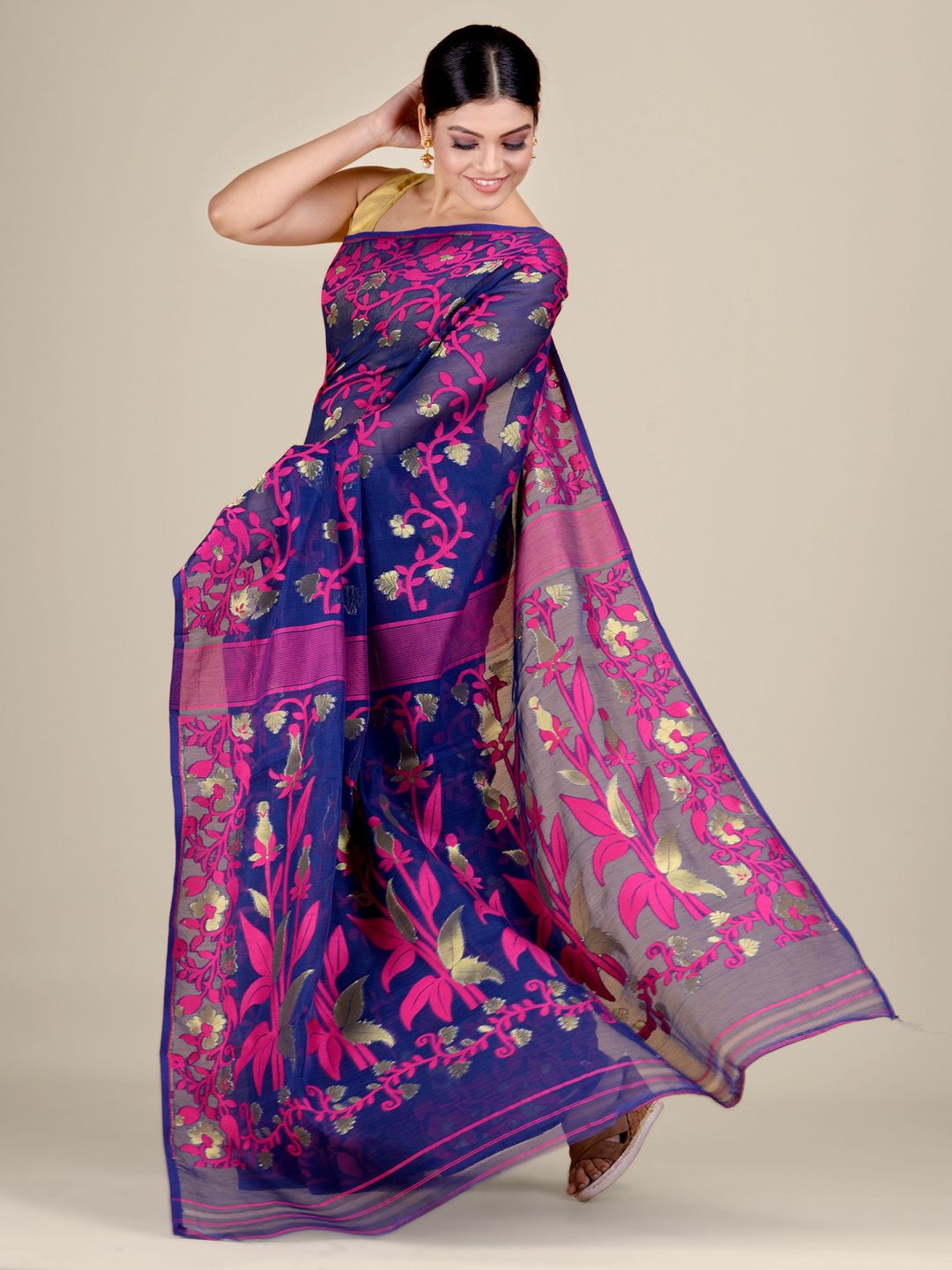 Blue and Magenta Silk Cotton handwoven soft Jamdani saree