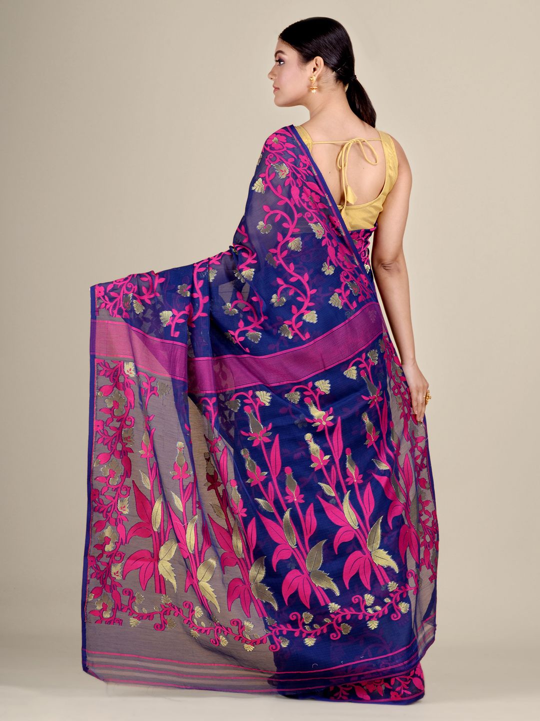 Blue and Magenta Silk Cotton handwoven soft Jamdani saree