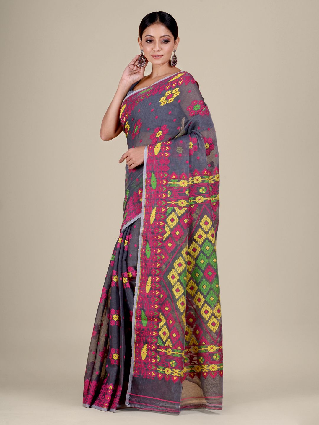 Grey and Multicolor Silk Cotton Handwoven Soft Jamdani Saree with Floral Weaving