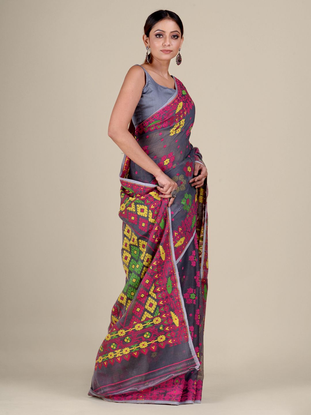 Grey and Multicolor Silk Cotton Handwoven Soft Jamdani Saree with Floral Weaving