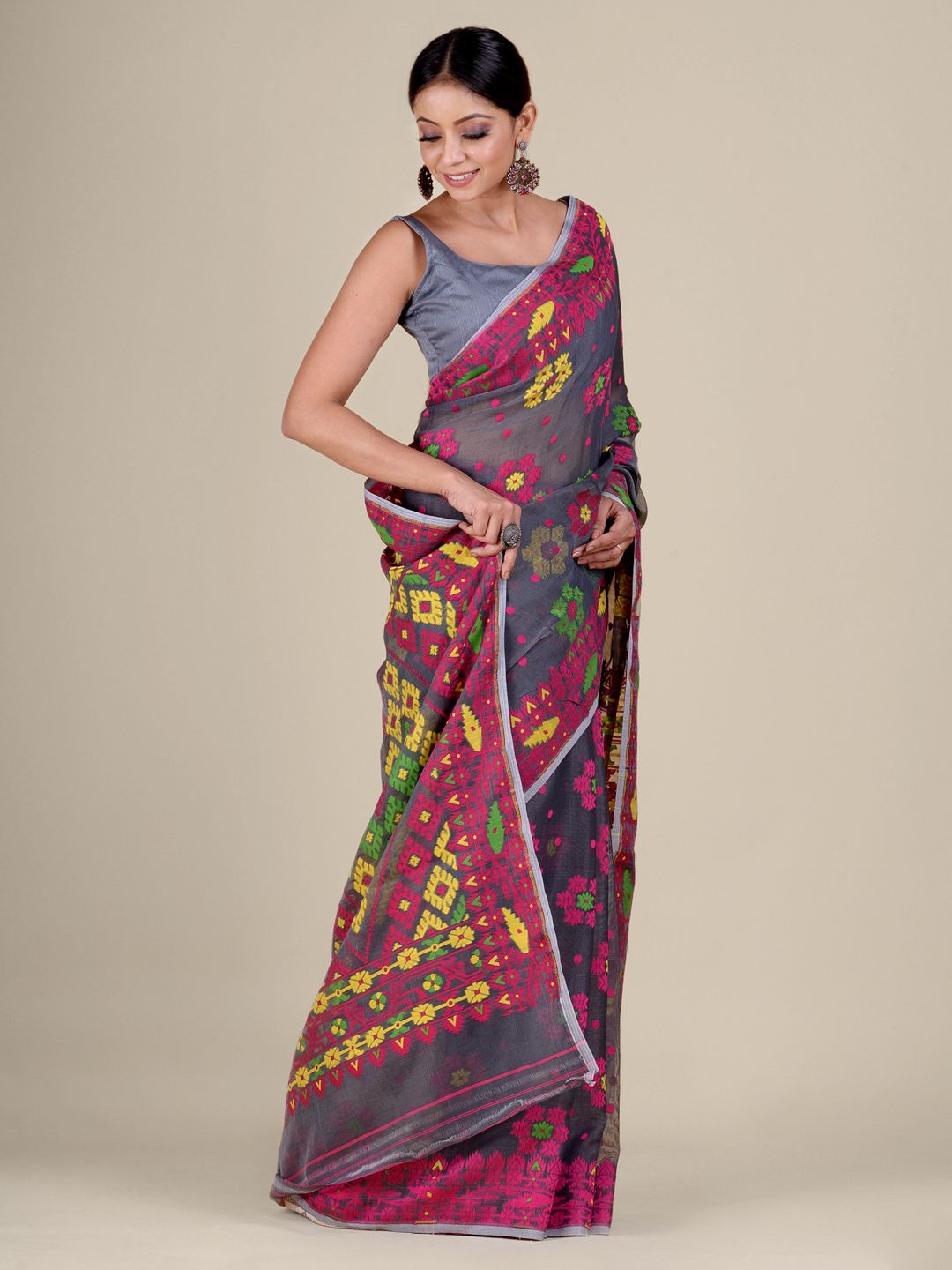 Grey and Multicolor Silk Cotton Handwoven Soft Jamdani Saree with Floral Weaving