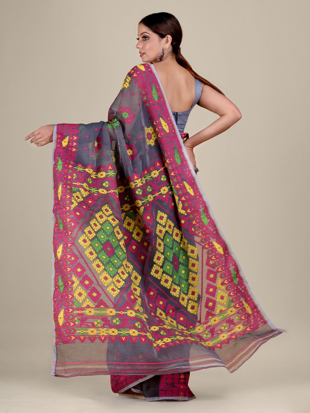 Grey and Multicolor Silk Cotton Handwoven Soft Jamdani Saree with Floral Weaving