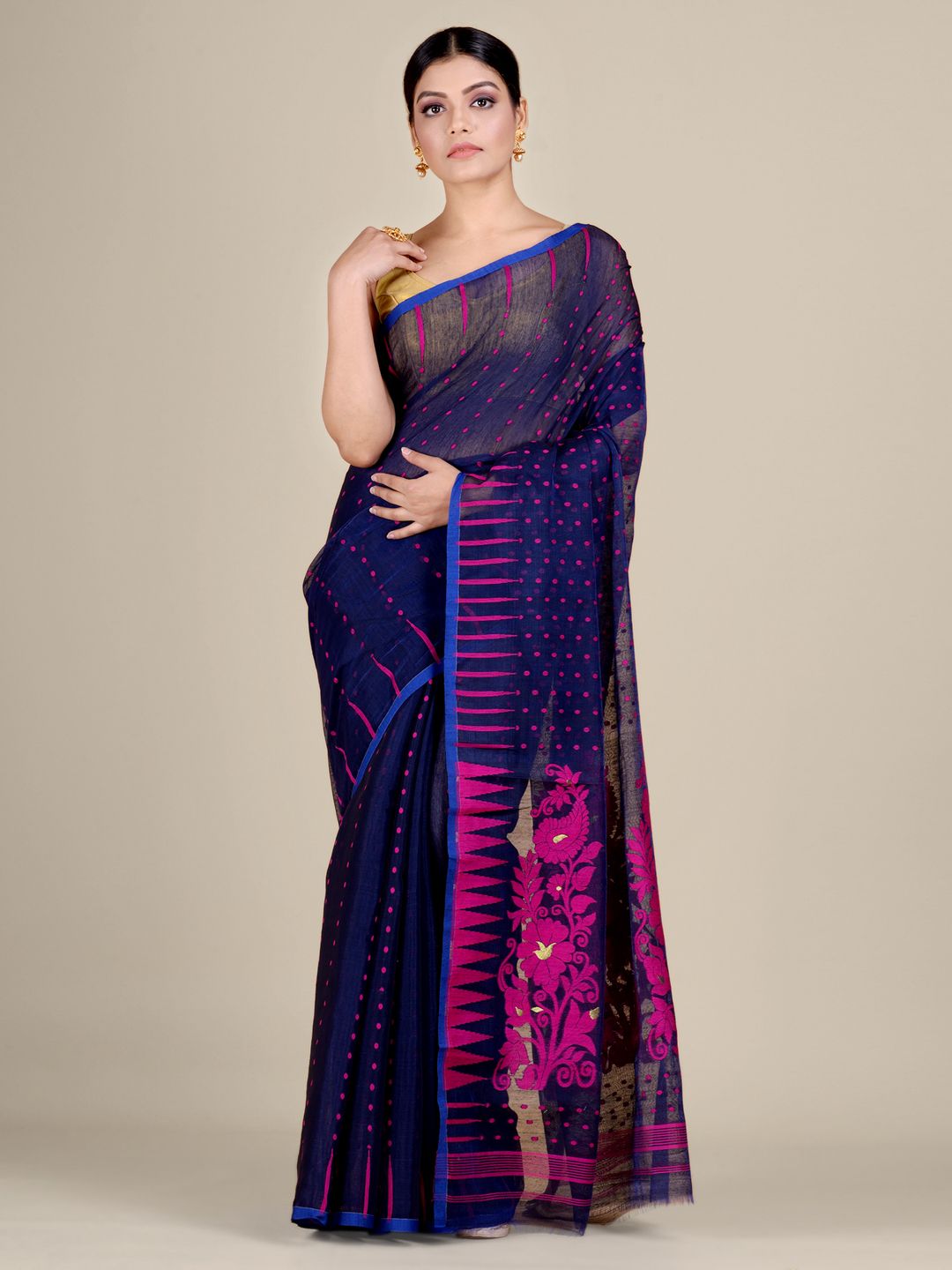 Blue and Pink Silk Cotton handwoven soft Jamdani saree