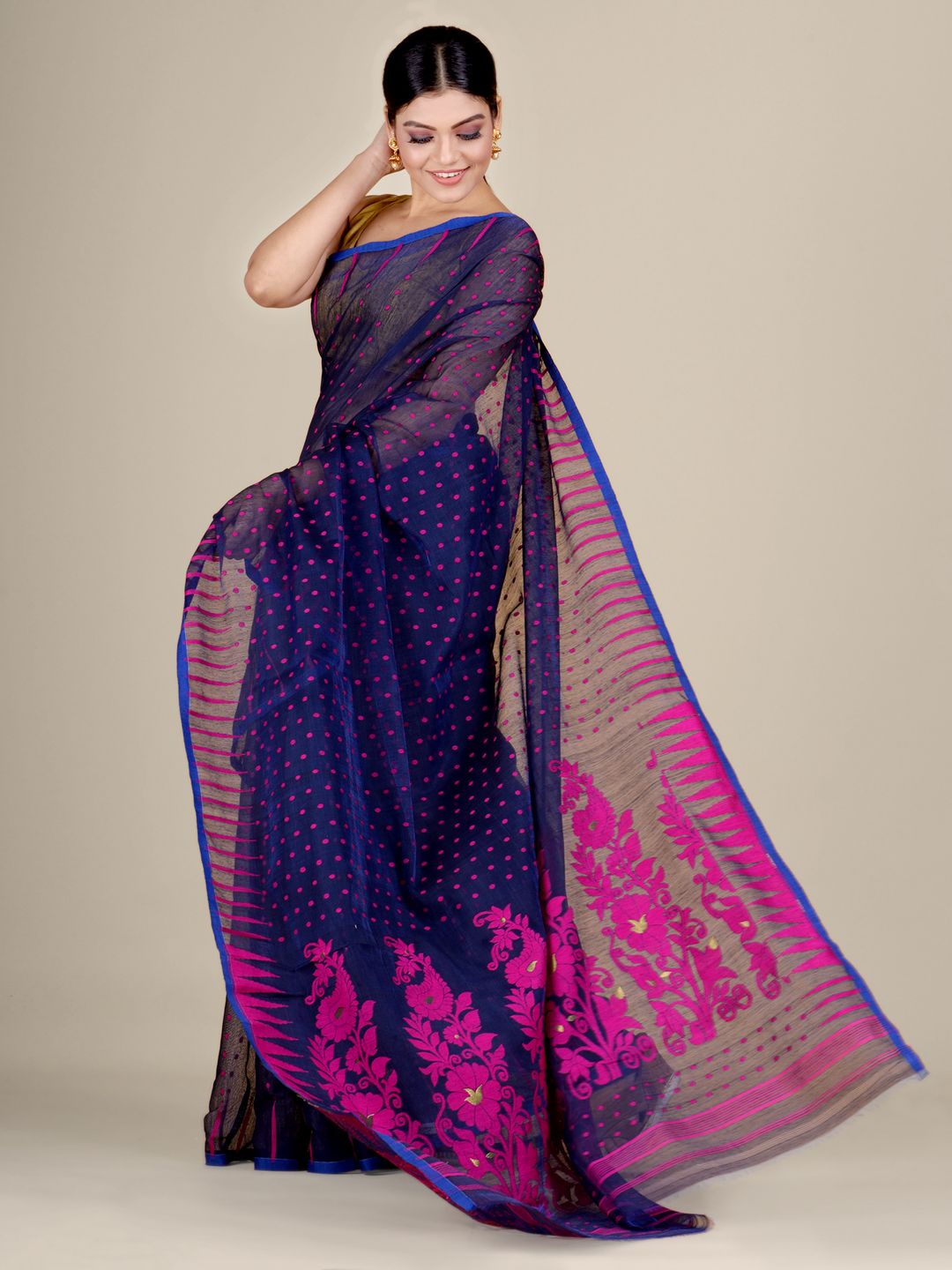 Blue and Pink Silk Cotton handwoven soft Jamdani saree