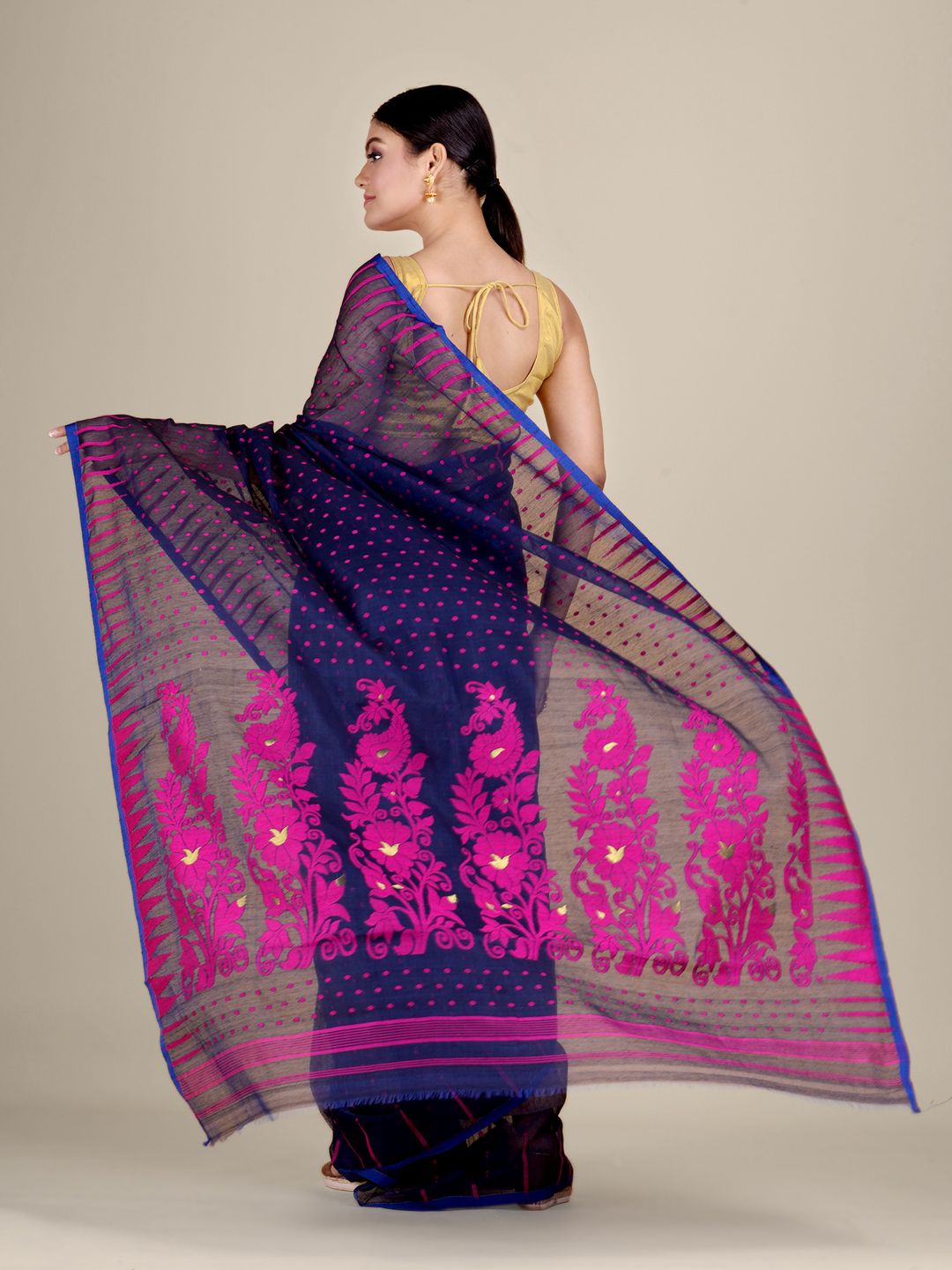 Blue and Pink Silk Cotton handwoven soft Jamdani saree