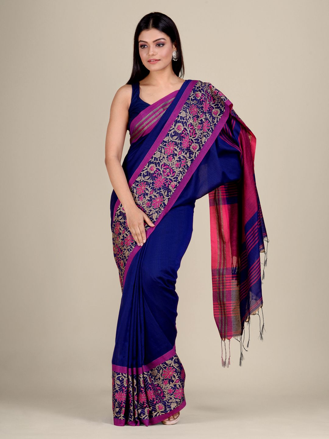 Blue Cotton handwocen soft saree with naksha weaving