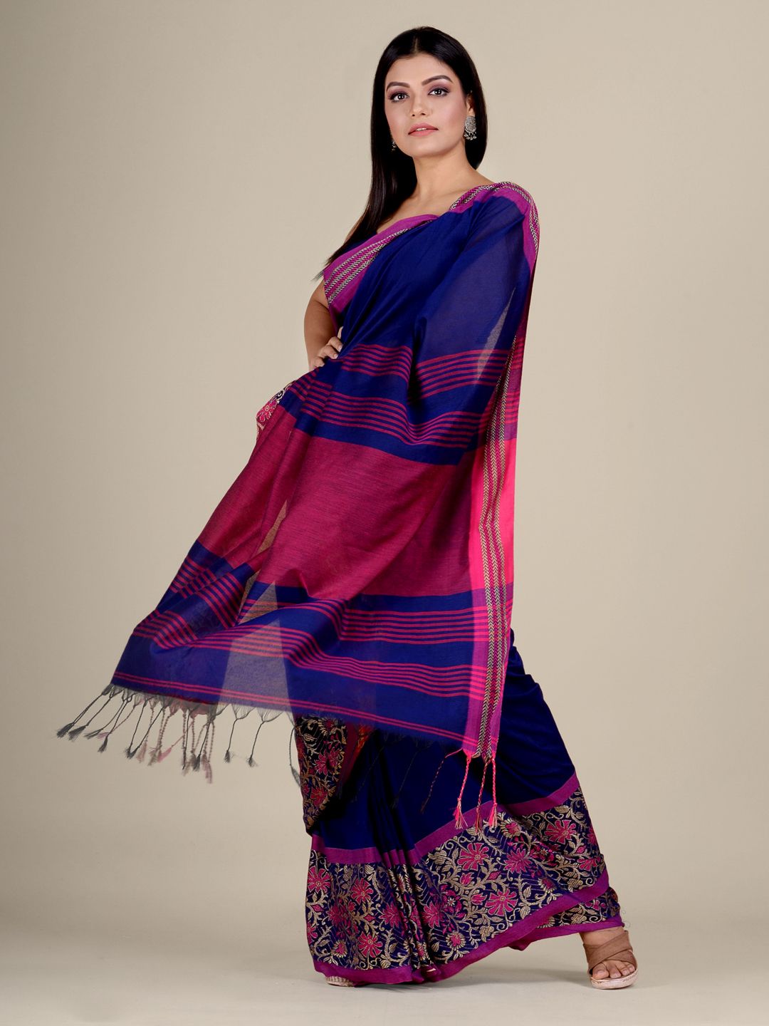 Blue Cotton handwocen soft saree with naksha weaving