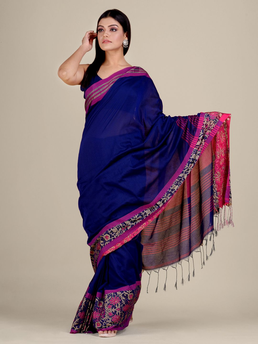 Blue Cotton handwocen soft saree with naksha weaving