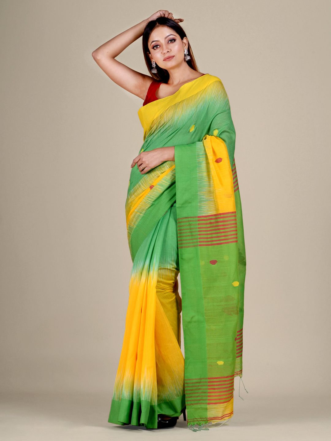 Green and Yellow Blended Cotton handwoven soft saree with Ikkat design