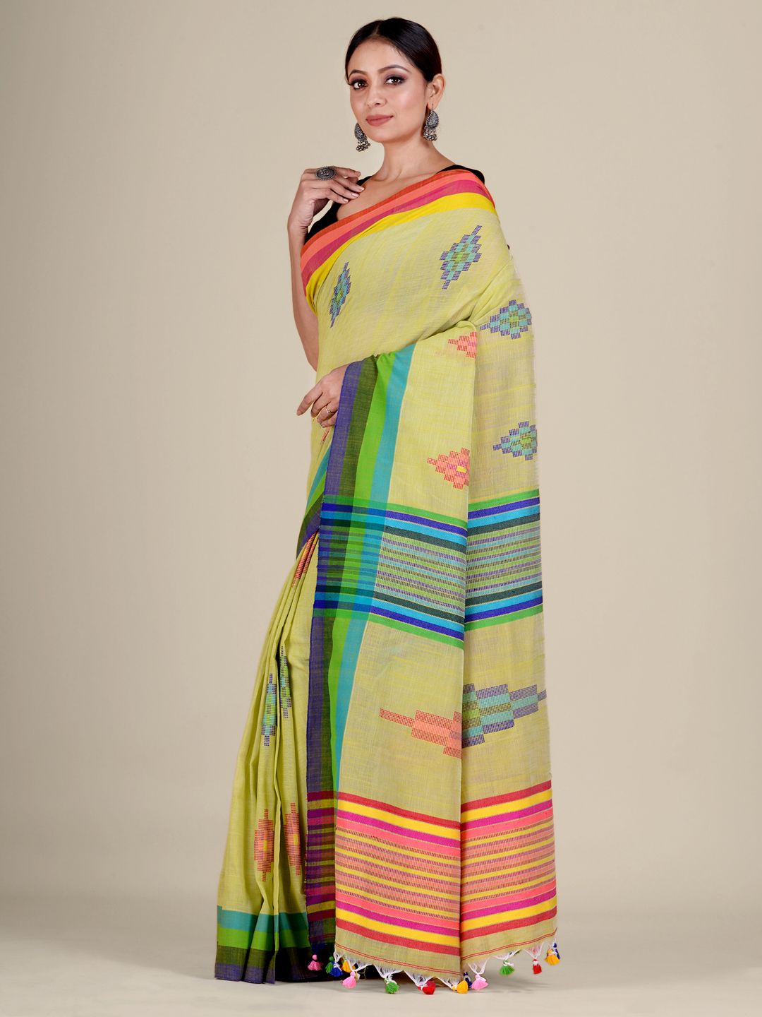 Lime Green And Multicolor handwoven soft Cotton saree