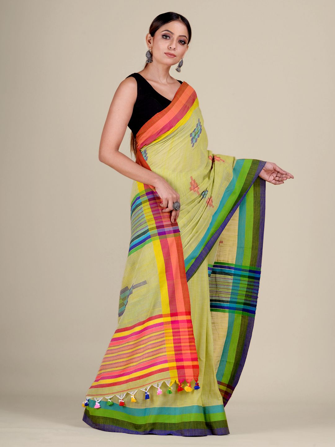 Lime Green And Multicolor handwoven soft Cotton saree