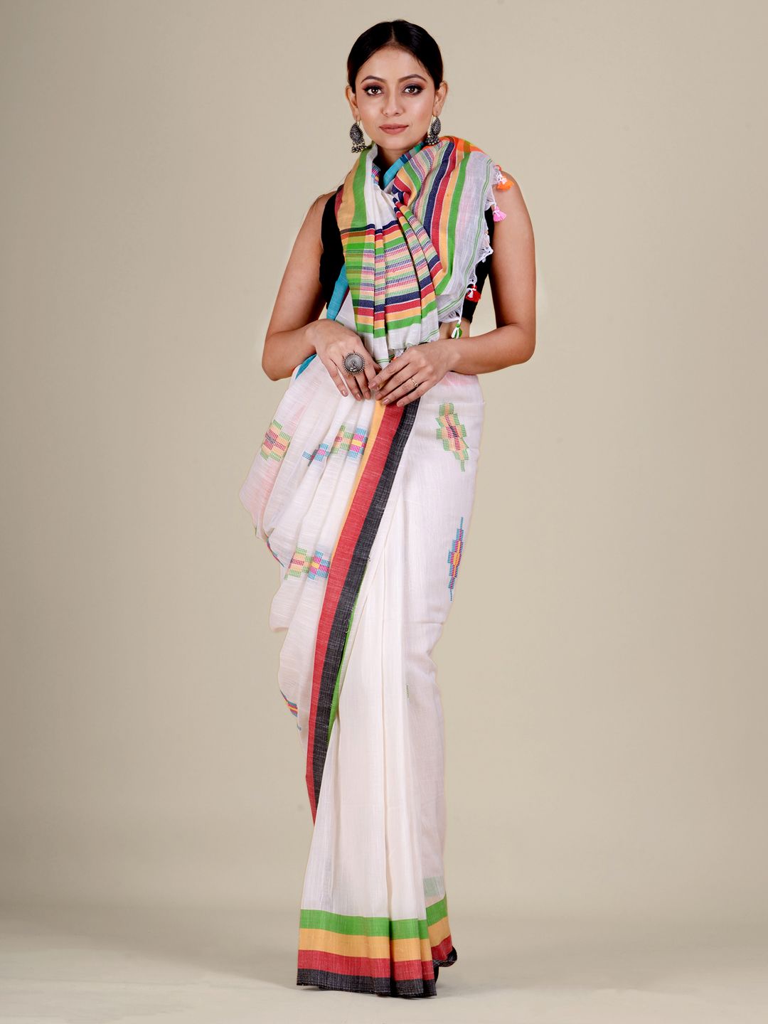 White And Multicolor handwoven soft Cotton saree