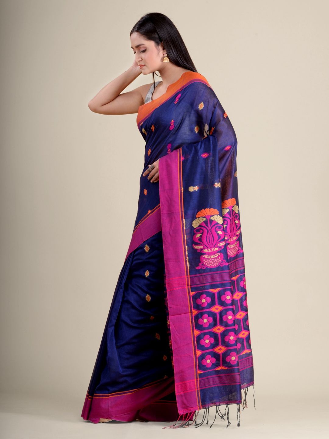 Blue handwoven soft cotton saree with floral weaving in pallu