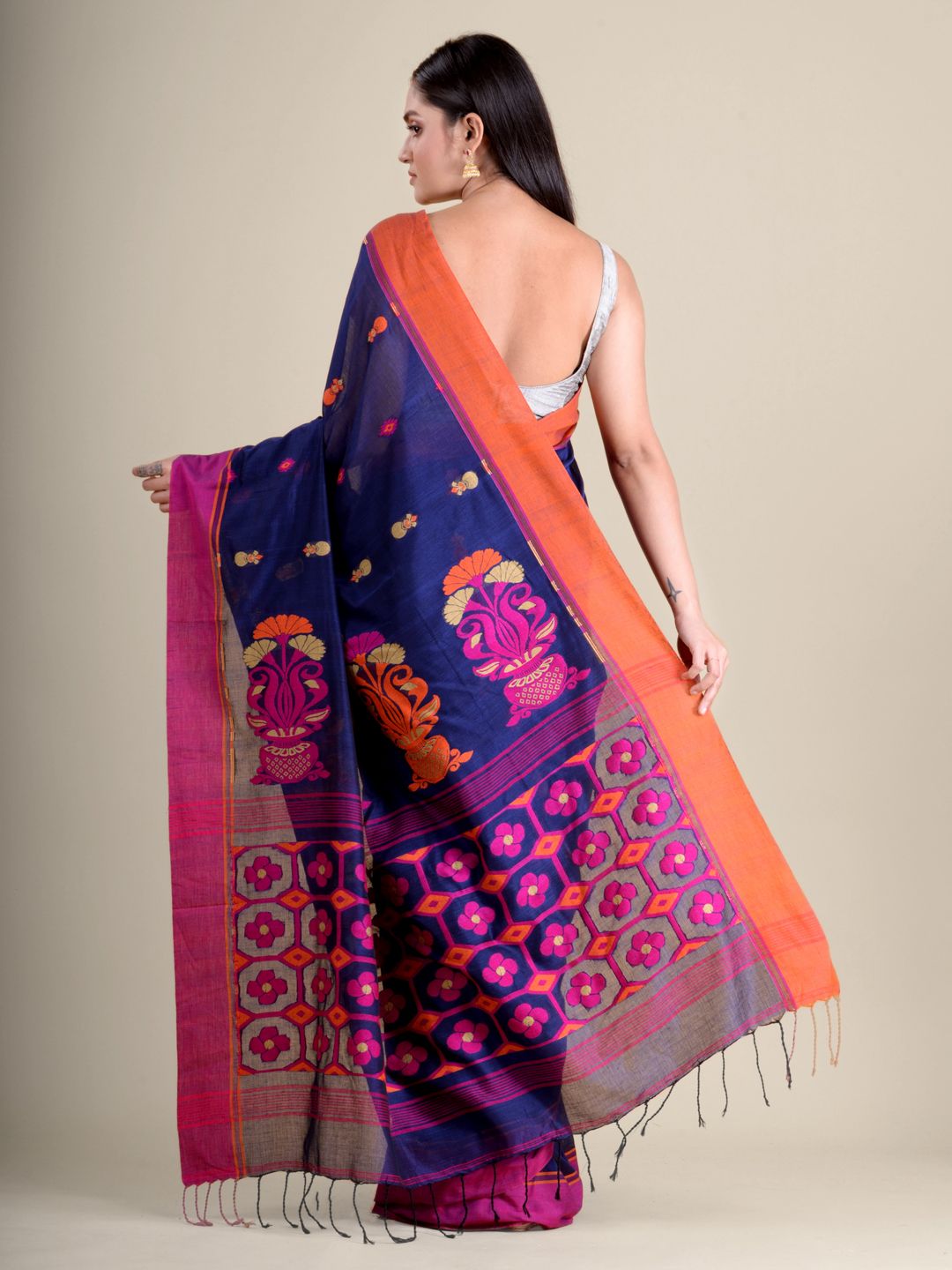 Blue handwoven soft cotton saree with floral weaving in pallu