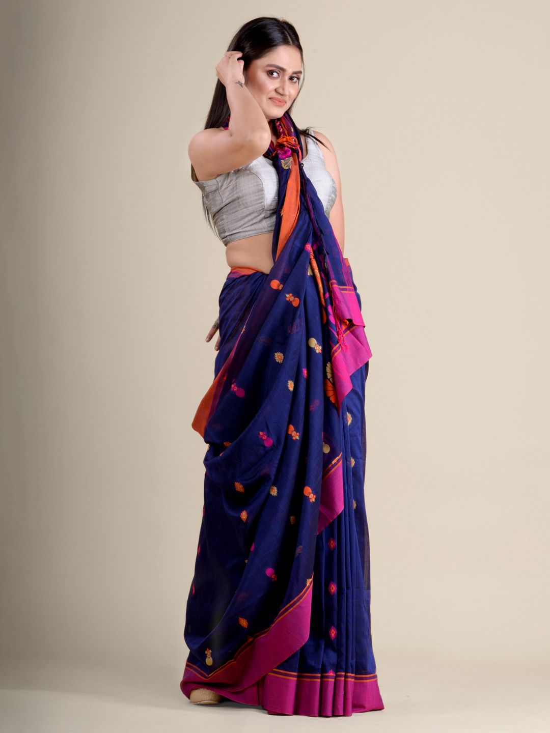 Blue handwoven soft cotton saree with floral weaving in pallu