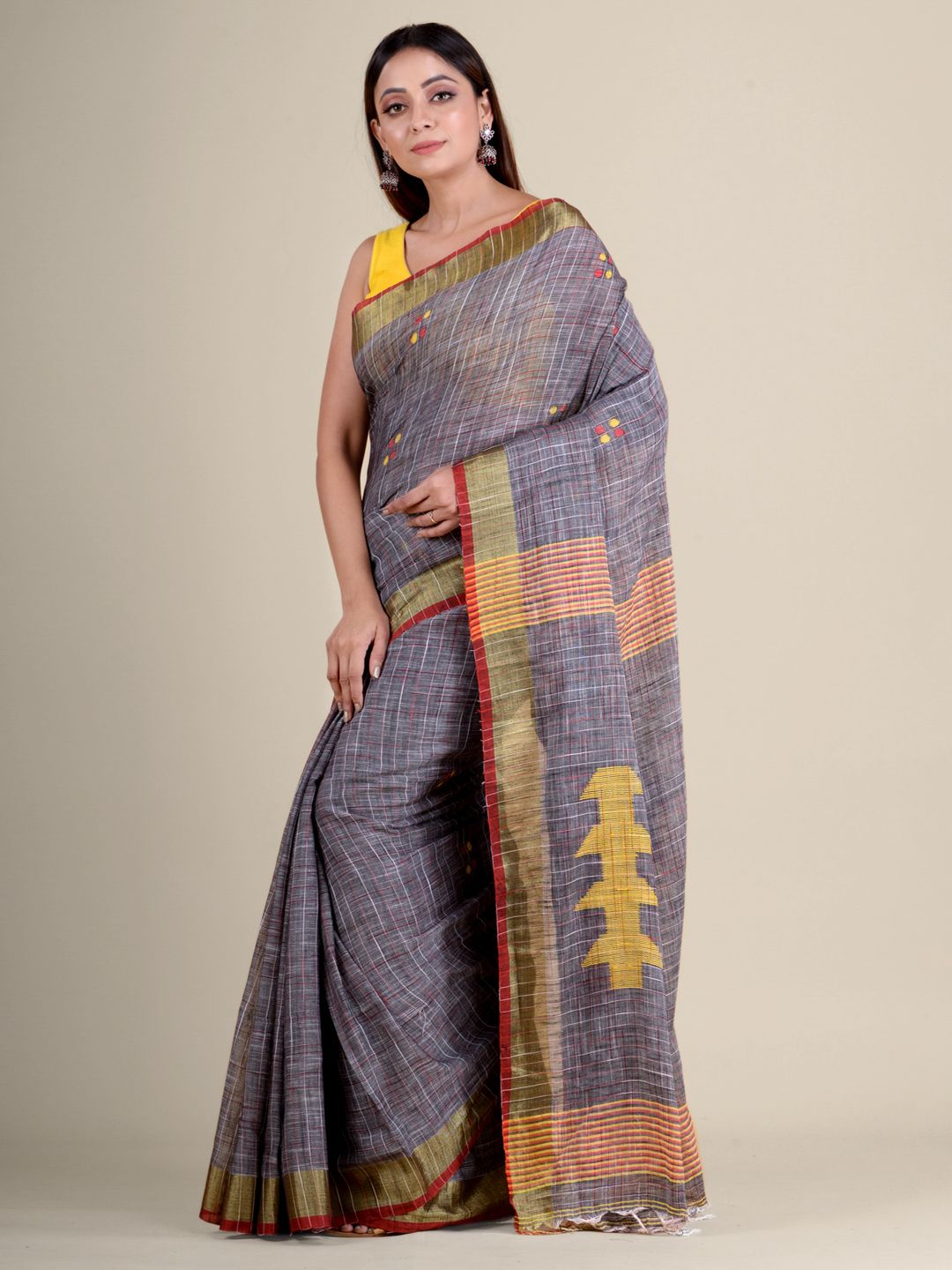 Grey soft Cotton handwoven saree