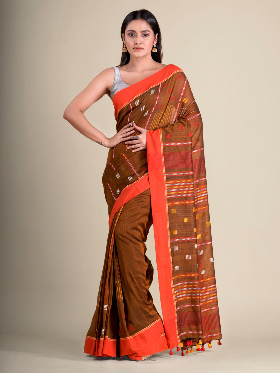 Chocolet Brown soft Cotton handwoven saree