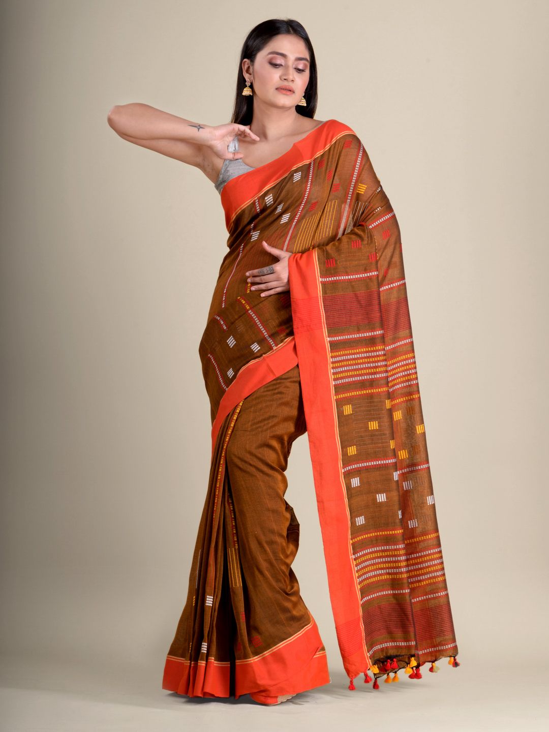 Chocolet Brown soft Cotton handwoven saree